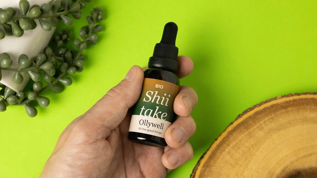 A hand holding a Shiitake extract from Ollywell. In the background, a plant and wooden elements.