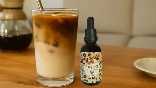 Ice coffee and Barista Mushroom Drops.